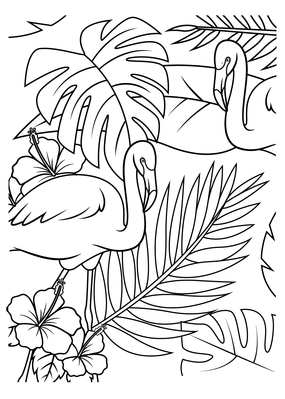 Due fenicotteri con foglie e fiori di Flamingo