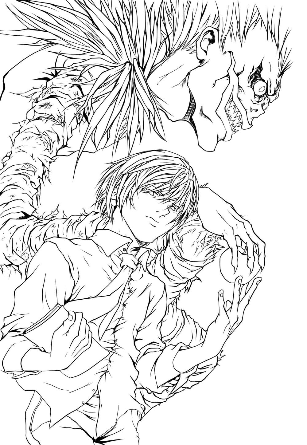 Yagami gives an apple to Ryuk Coloring Pages