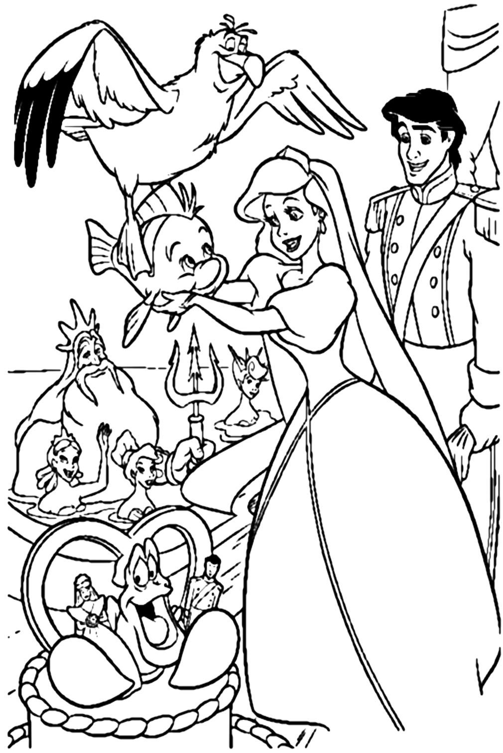 A Wedding Day Of Ariel And Prince Eric Coloring Pages