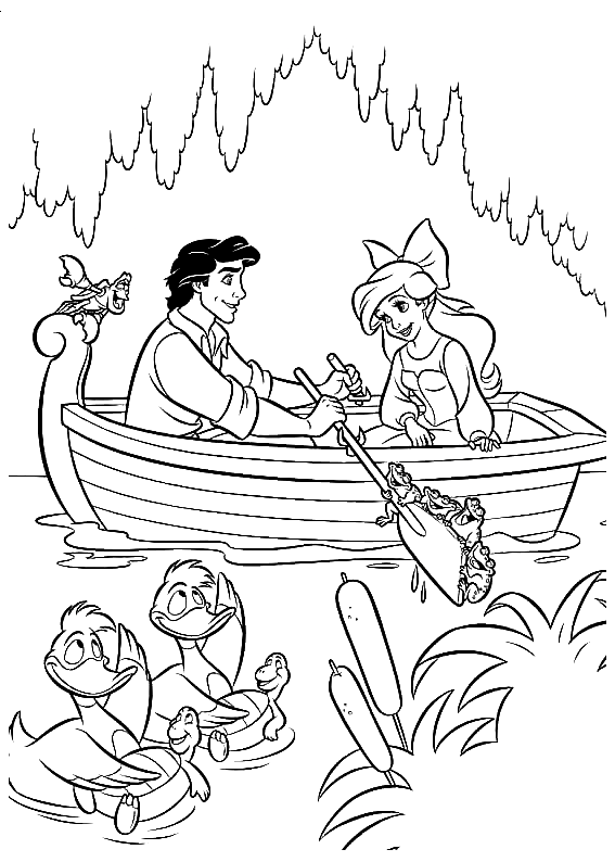爱丽儿和埃里克王子在船上着色页