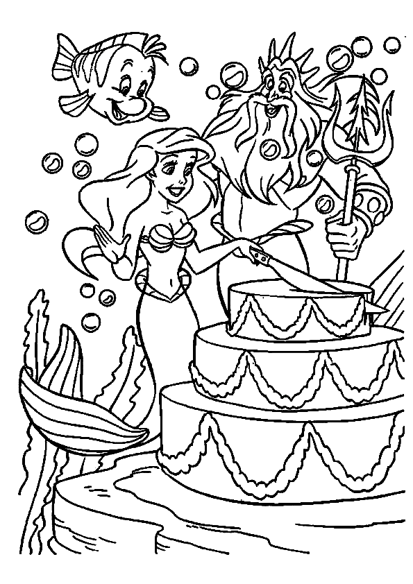 Ariel Cutting The Birthday Cake Coloring Pages