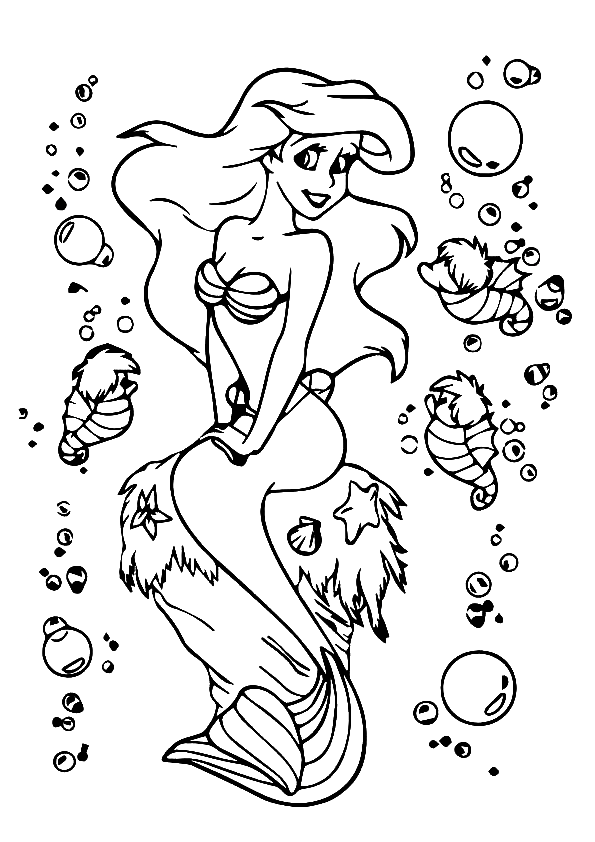 Pagina da colorare di Ariel condimento e cavallucci marini