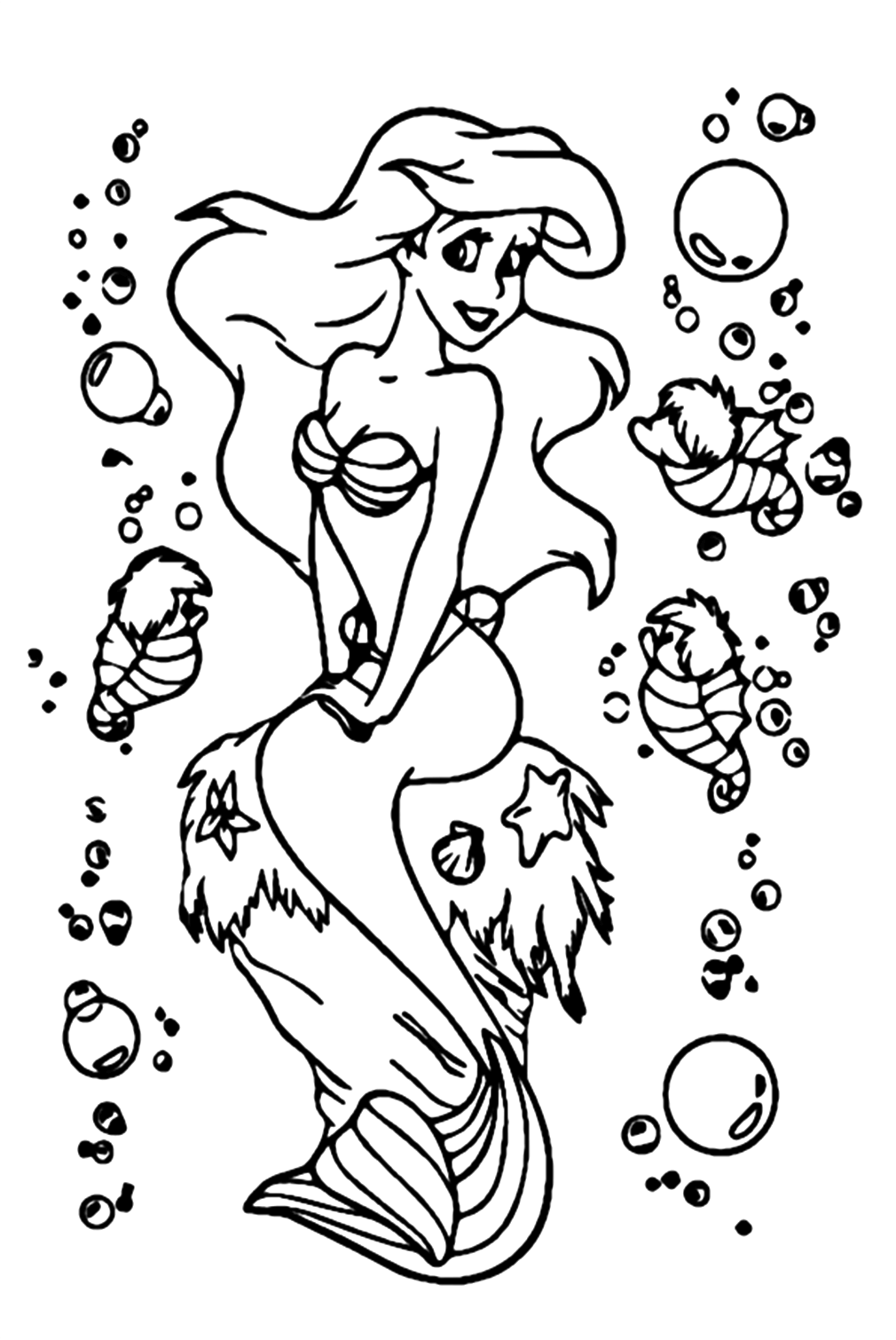 Ariel Dressing And Seahorses Coloring Pages