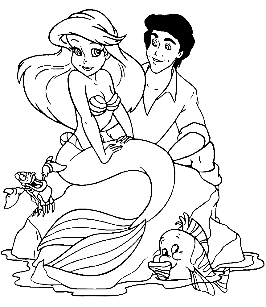 Dibujo para colorear de Ariel, Eric, Flounder y Sebastian