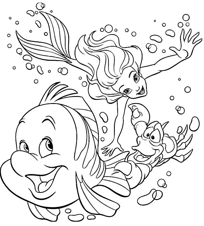 Dibujo para colorear de Ariel, Sebastian y Flounder