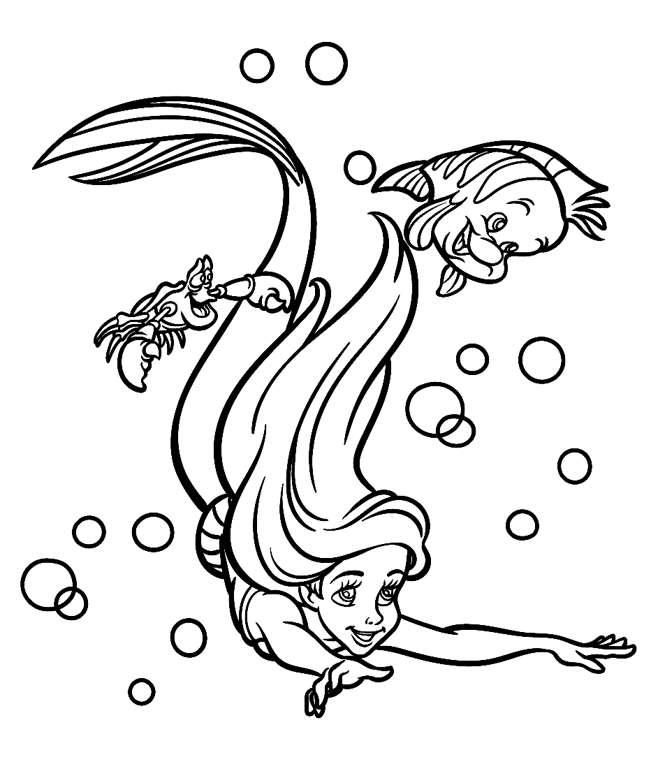 Ariel Swimming with Flounder and Sebastian Coloring Pages