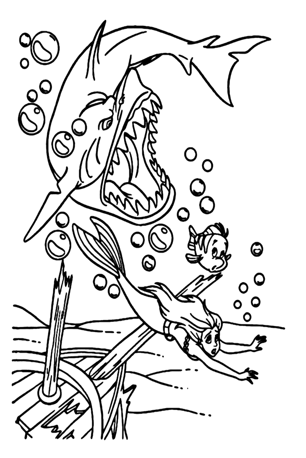 Ariel And Flounder Are Escaping A Shark Coloring Pages