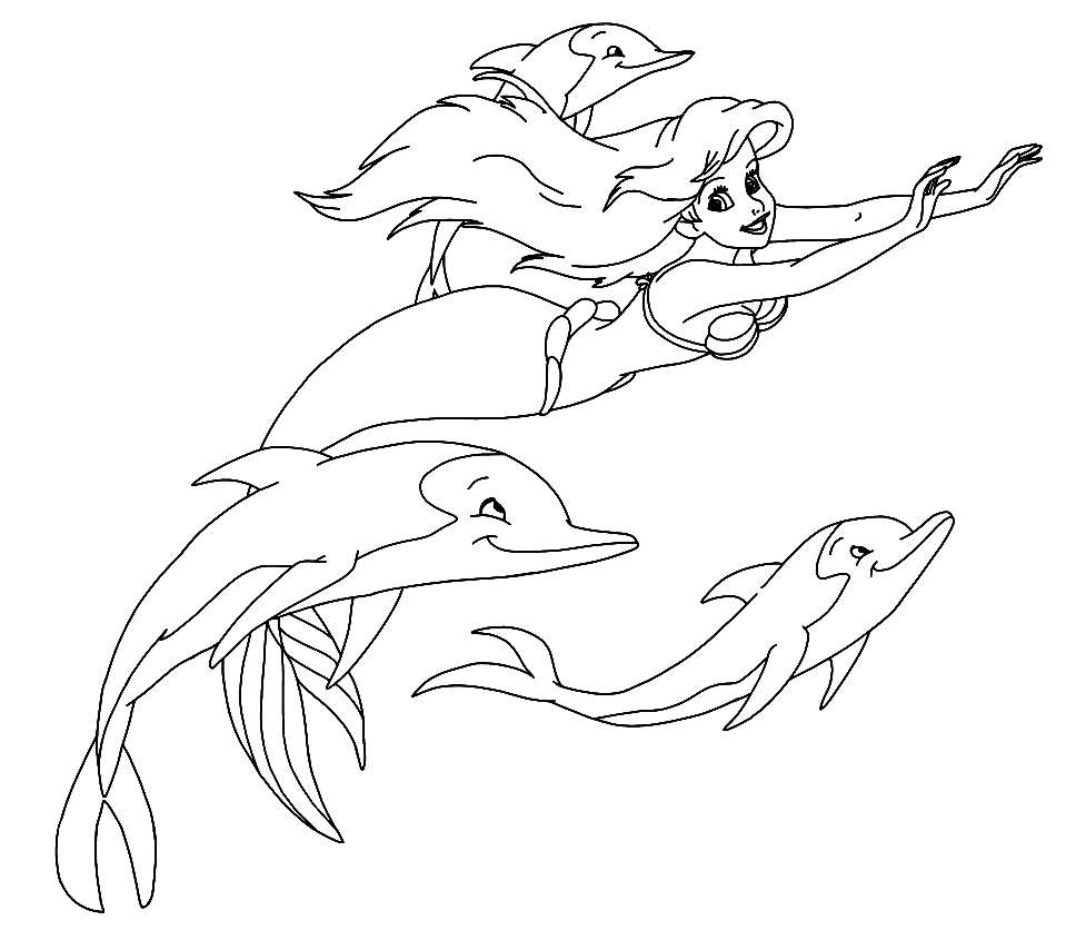 Раскраска Ариэль с дельфинами
