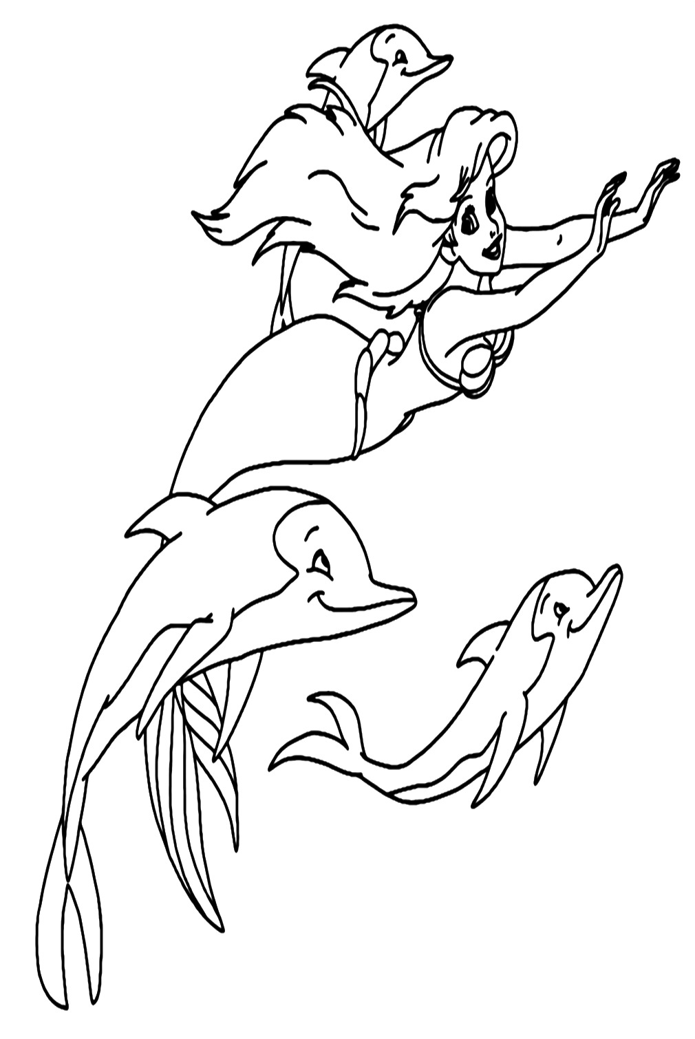 Ariel Swimming With Dolphins Coloring Pages