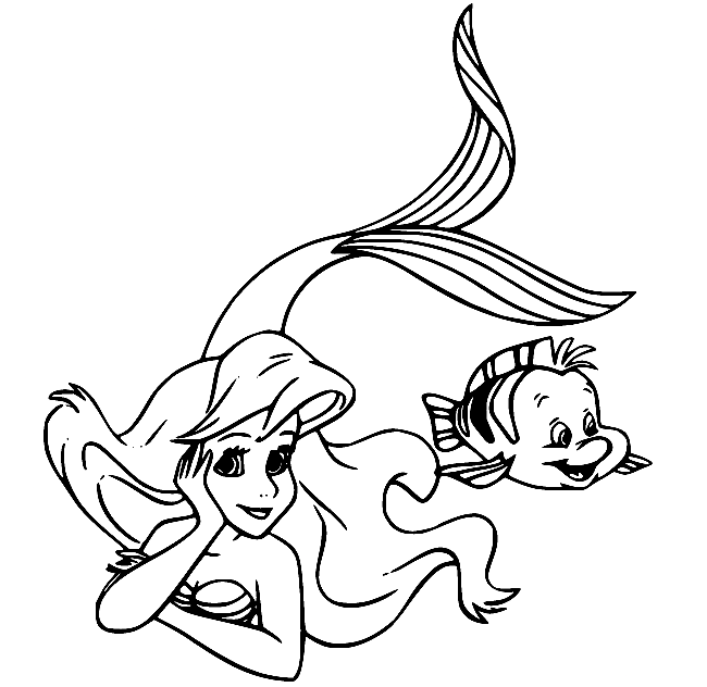 Ariel with Flounder Coloring Page