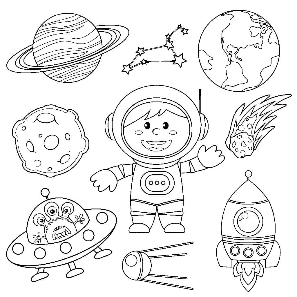 Astronaut, planeten, ufo, sterrenbeelden van de planeet