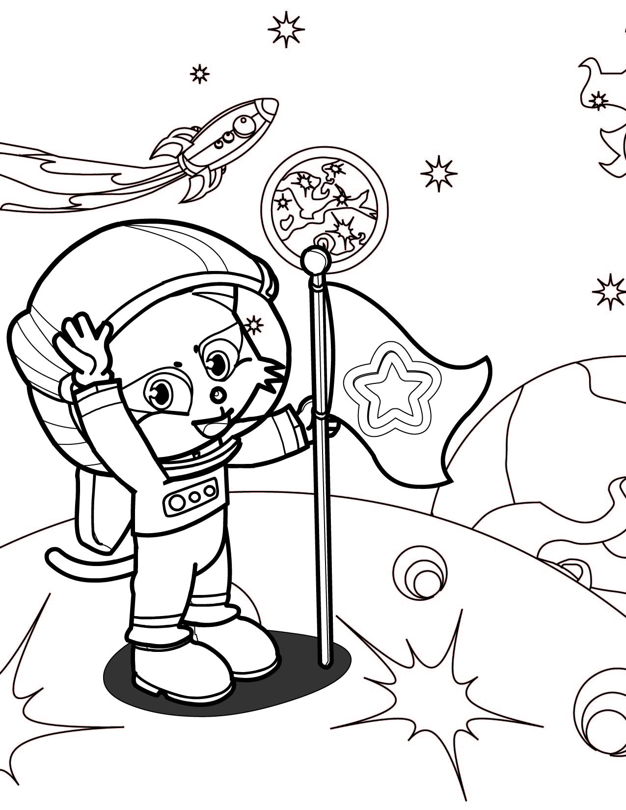 Menino em traje de astronauta, página de desenho para colorir para crianças