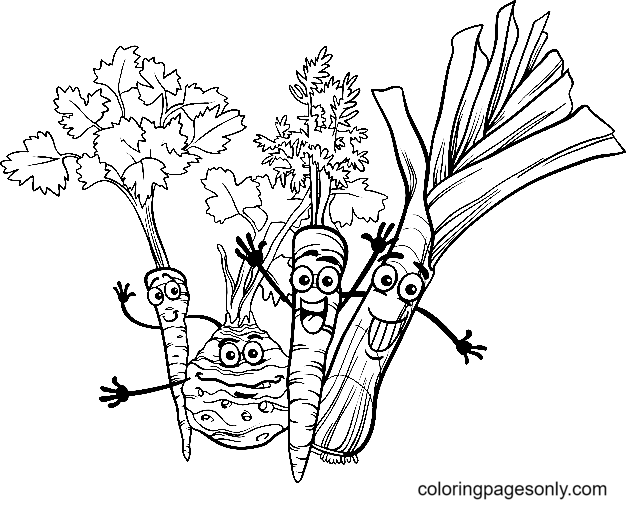 dessin animé, soupe, légumes, coloration, page