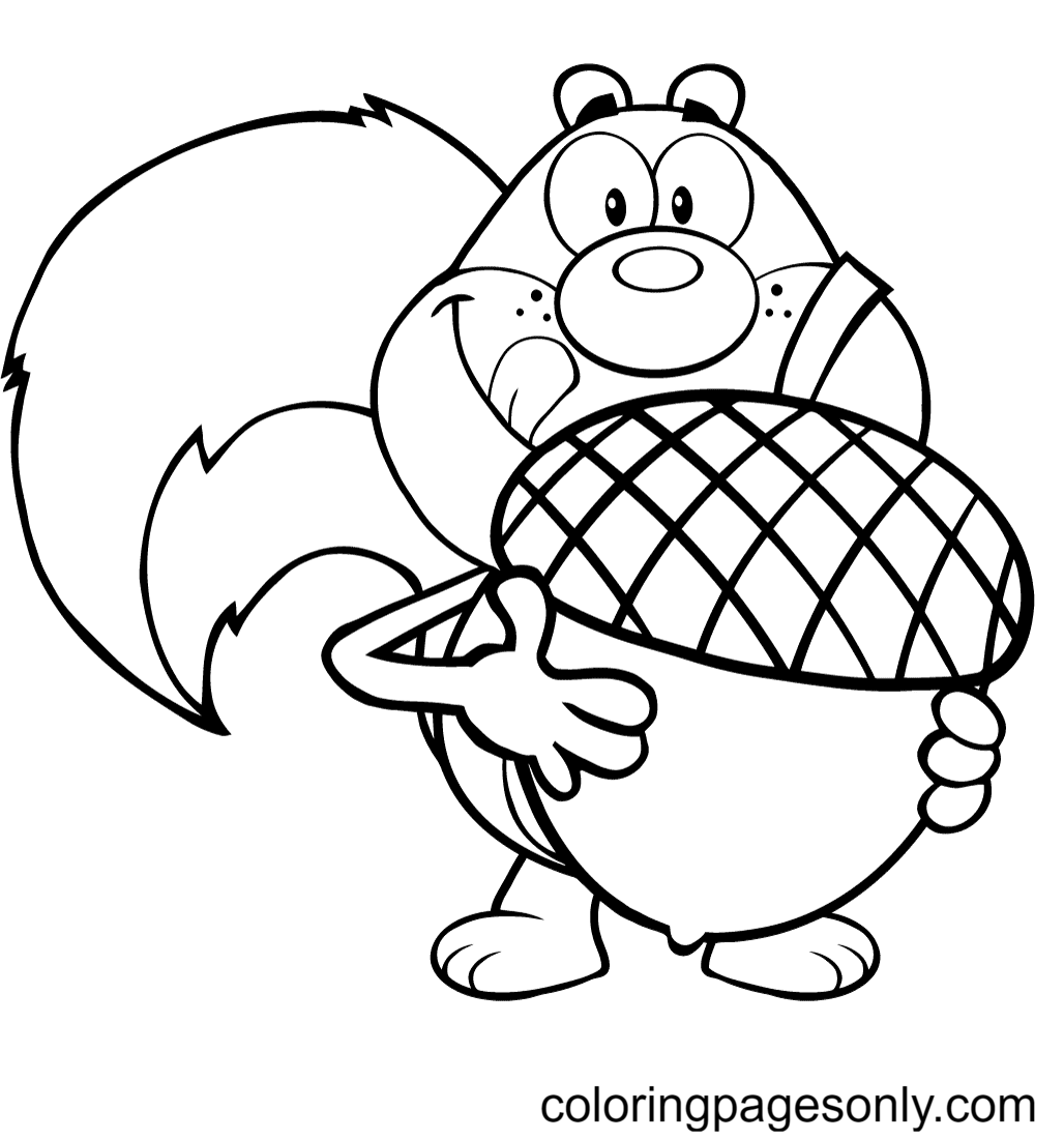 Cartoon Squirrel Holding a Big Acorn Coloring Page