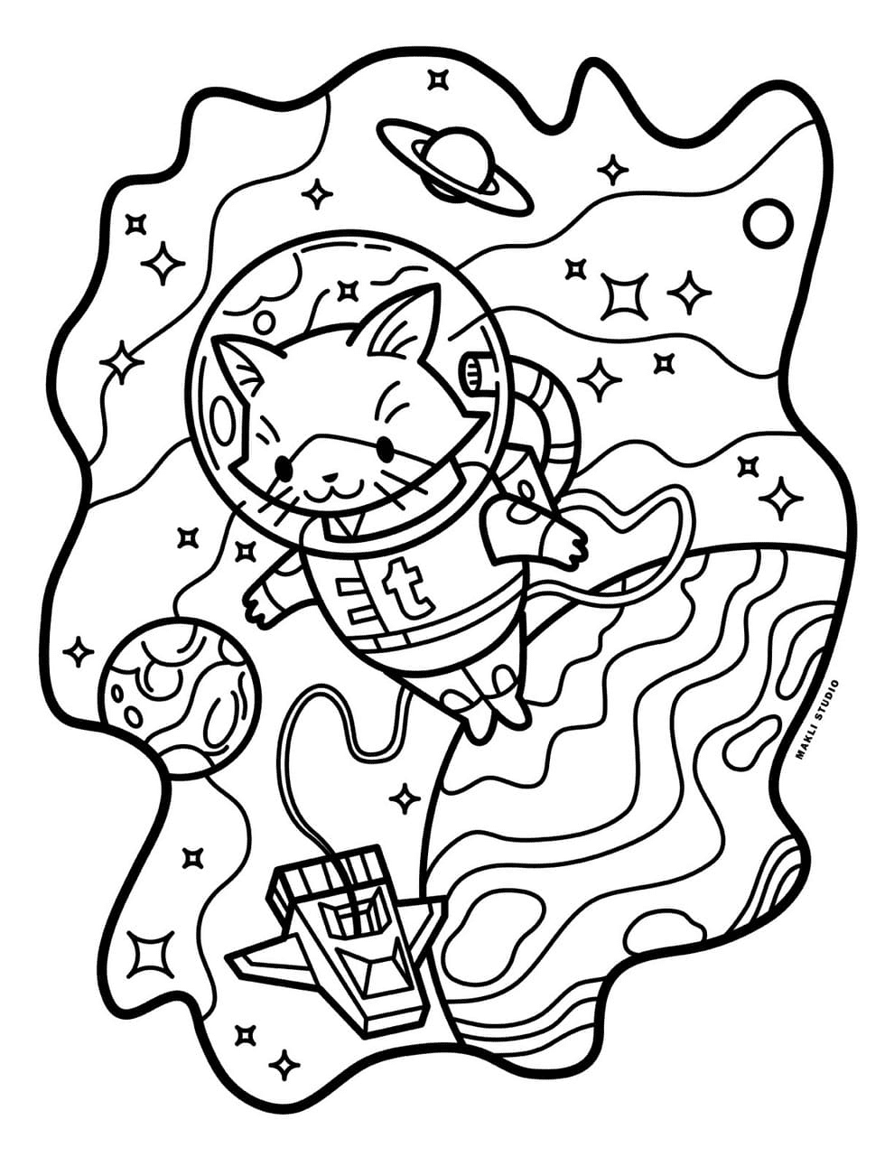 Cat in Space Coloring Page