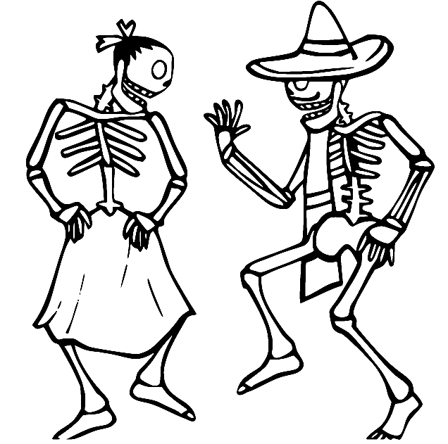 Desenho de casal dançando esqueleto para colorir