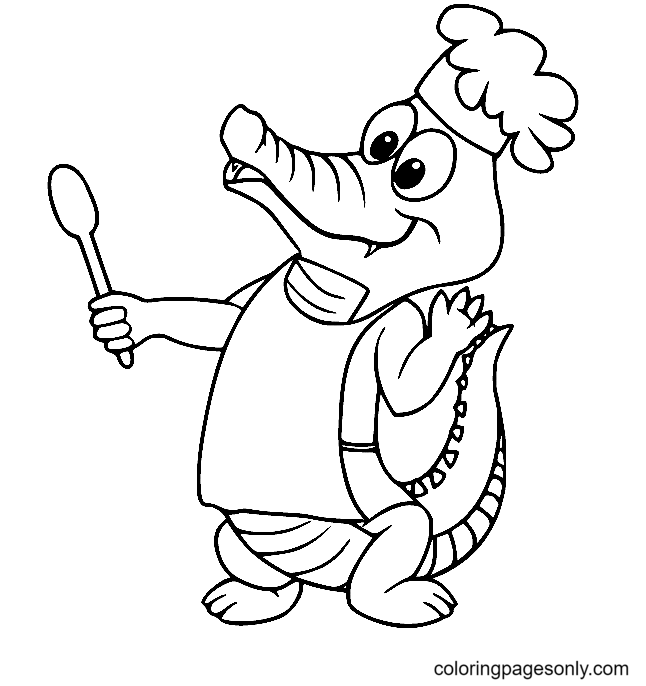 Cute Chef Alligator Coloring Page