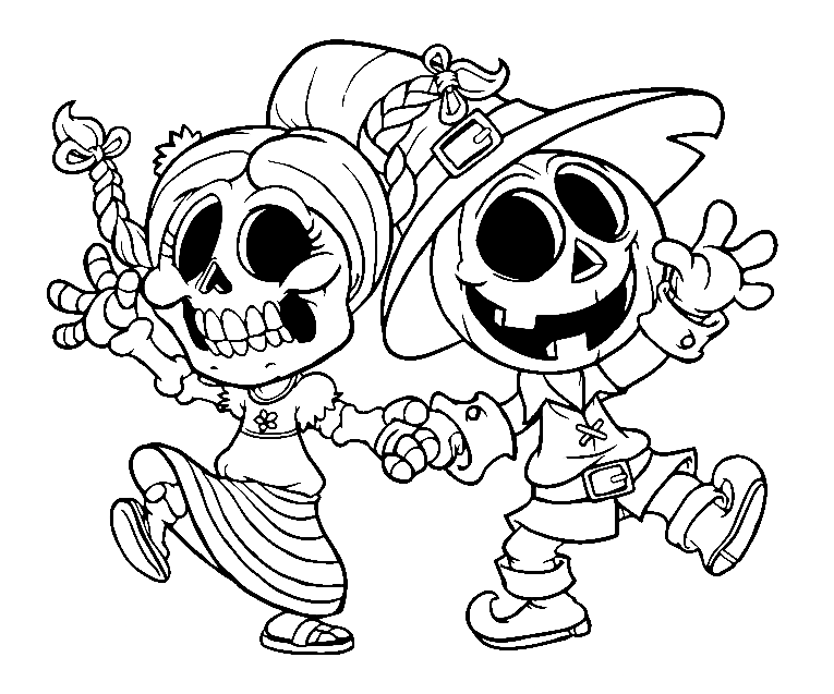 Página para colorir de esqueletos de Halloween fofos
