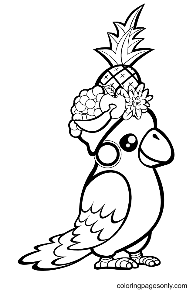 Cute Parrot with Fruit on Its Head Coloring Page