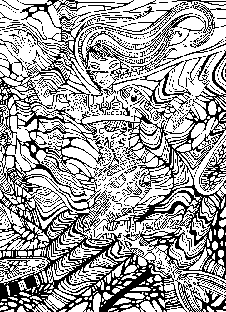 Cyberpunk Girl Psychedelic Coloring Page