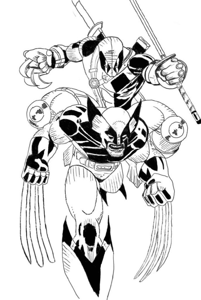Deadpool runs after Wolverine Coloring Page
