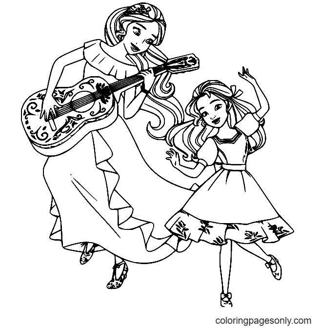 Elena Playing Guitar and Isabel Coloring Page
