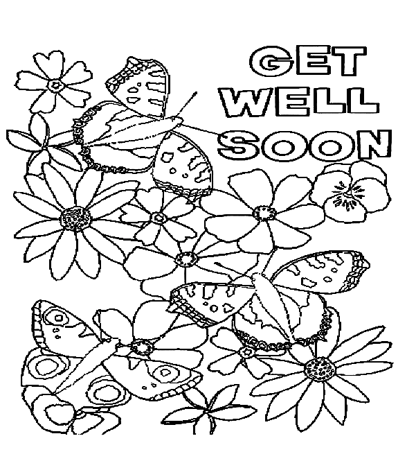Flowers and Butterflies Get Well Soon Card Coloring Page