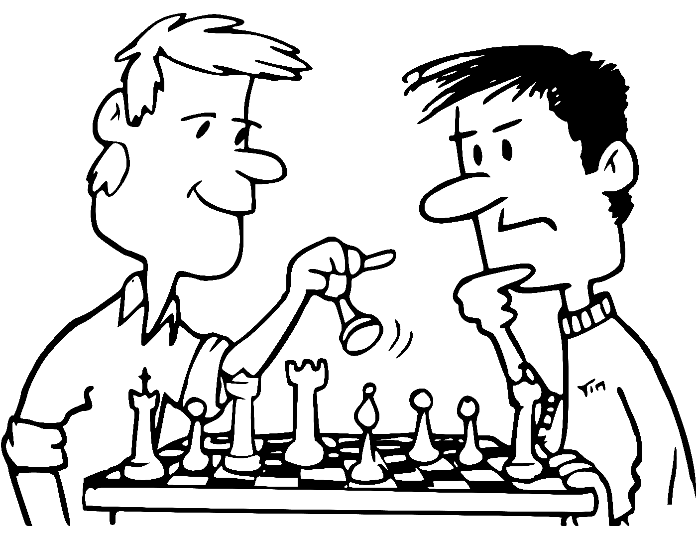 Vrienden aan het schaken Kleurplaat