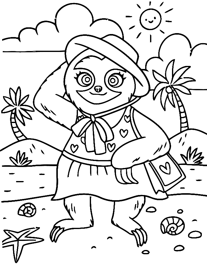 Funny Sloth with Summer Coloring Page