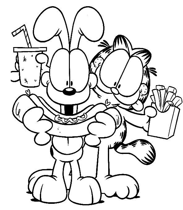 Garfield And Oddie Are Eating Coloring Page