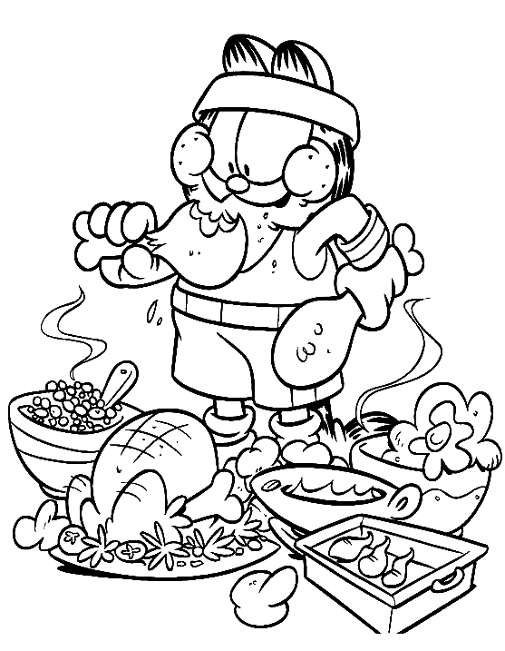 Garfield Eating Chicken Coloring Page
