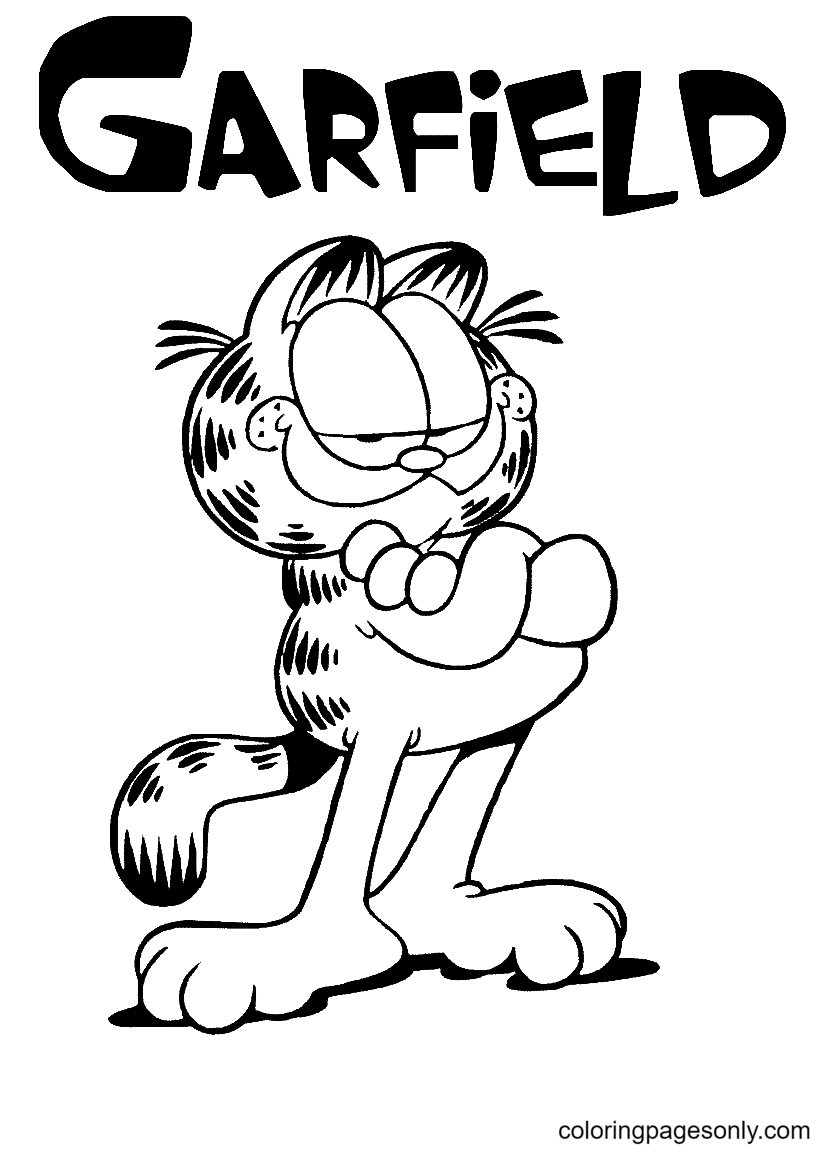 Garfield steht mit verschränkten Armen zum Ausmalen