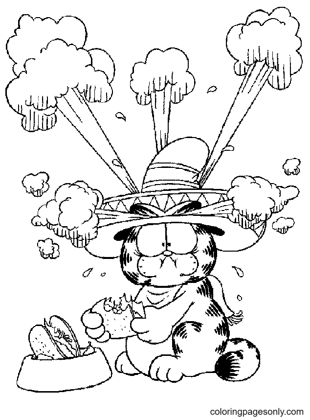 Garfield eats Spicy Food Coloring Page