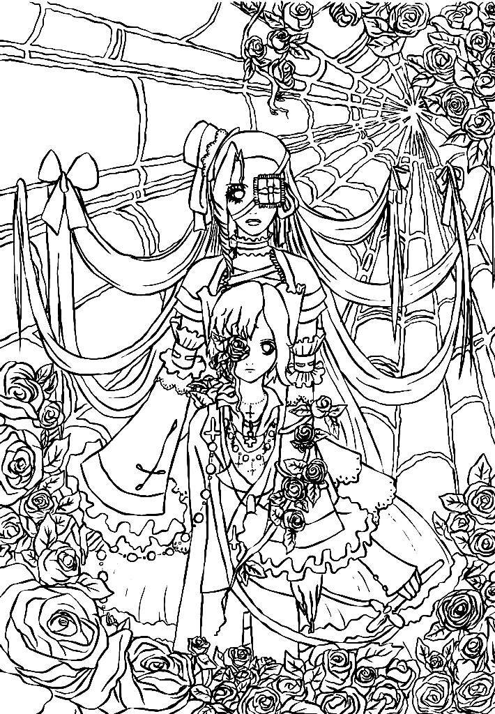 Girl and Boy on the Spider Web Coloring Page