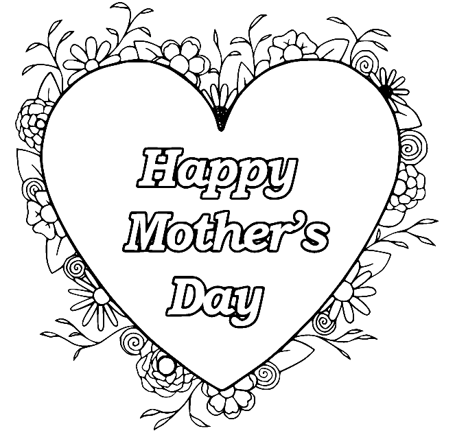 Happy Mothers Day with Heart and Flowers Coloring Page