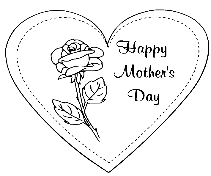 Happy Mothers Day with a Heart and Flower Coloring Page
