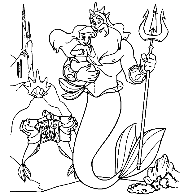 Раскраска Король Тритон держит малышку Ариэль