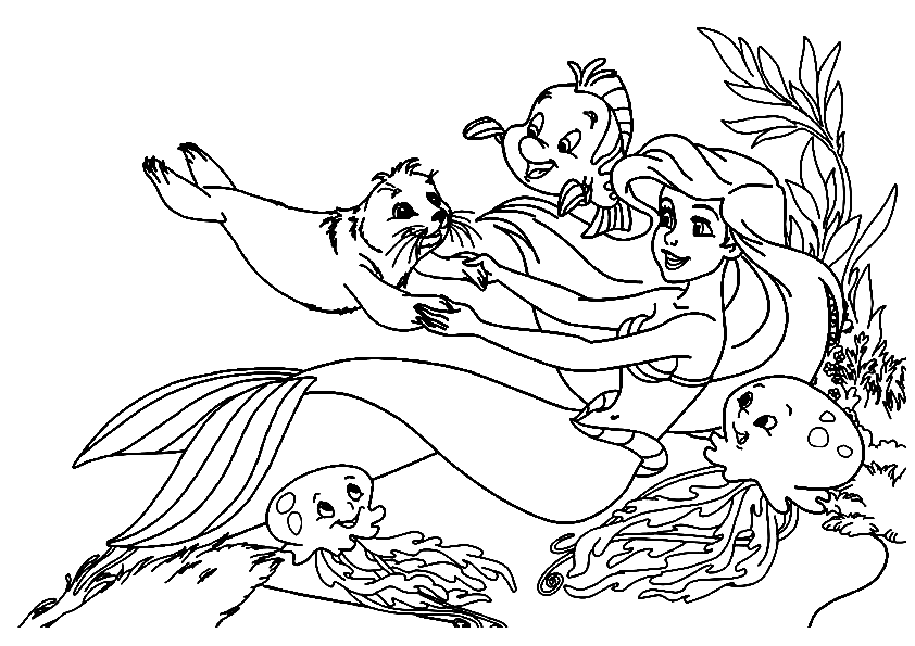 Kleine Meerjungfrau mit Tierfreunden aus „Die kleine Meerjungfrau“.