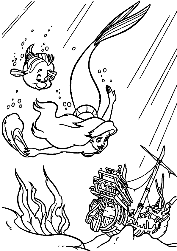 Little Mermaid and Flounder Coloring Page