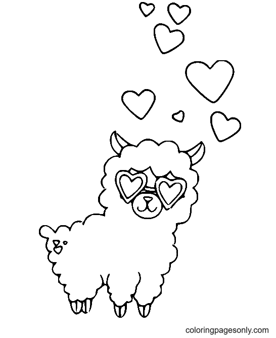 Llama and Hearts Coloring Page