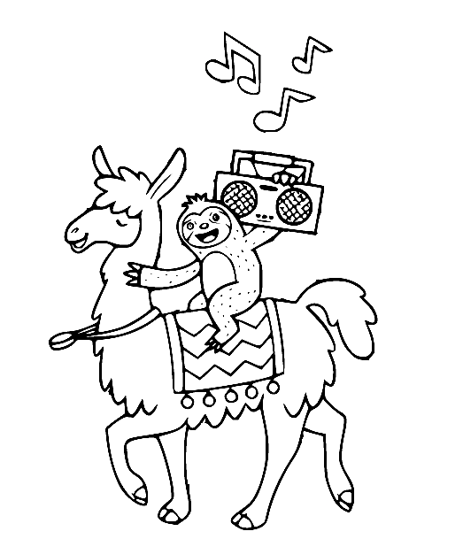 Llama and Sloth Listening to Music Coloring Page