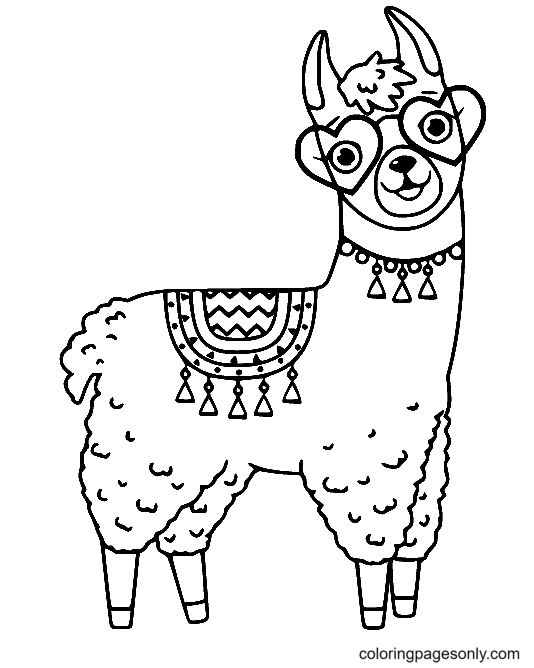 Llama with Heart Glasses Coloring Pages