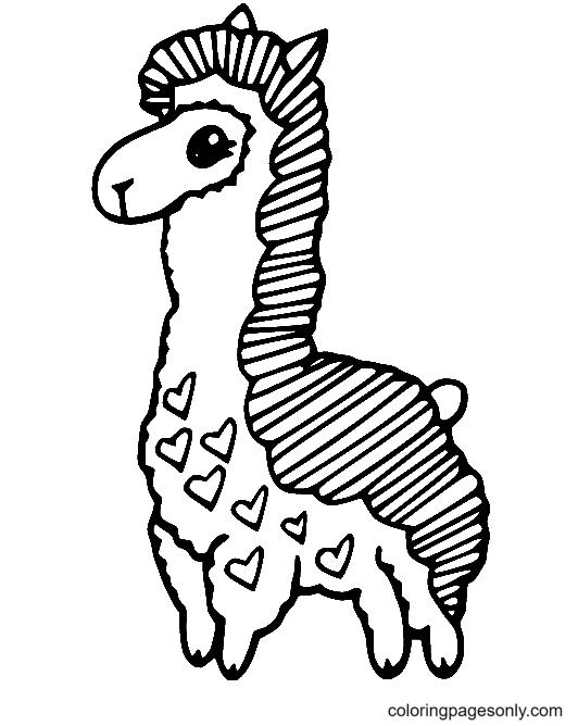 Llama with Heart Patterns Coloring Page