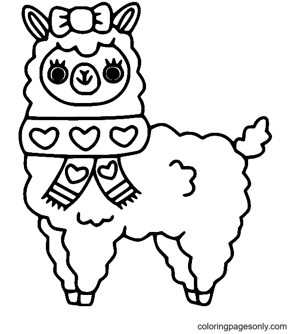 Llama with Heart Scarf Coloring Page