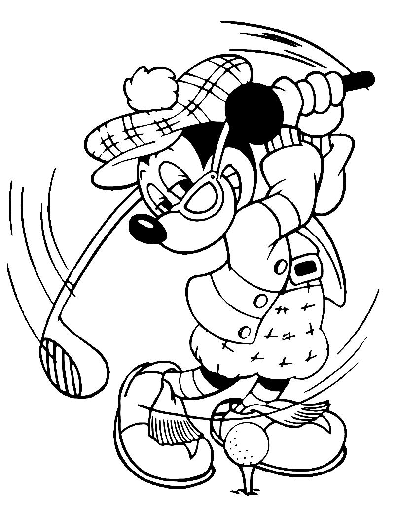Pagina da colorare di Topolino che gioca a golf