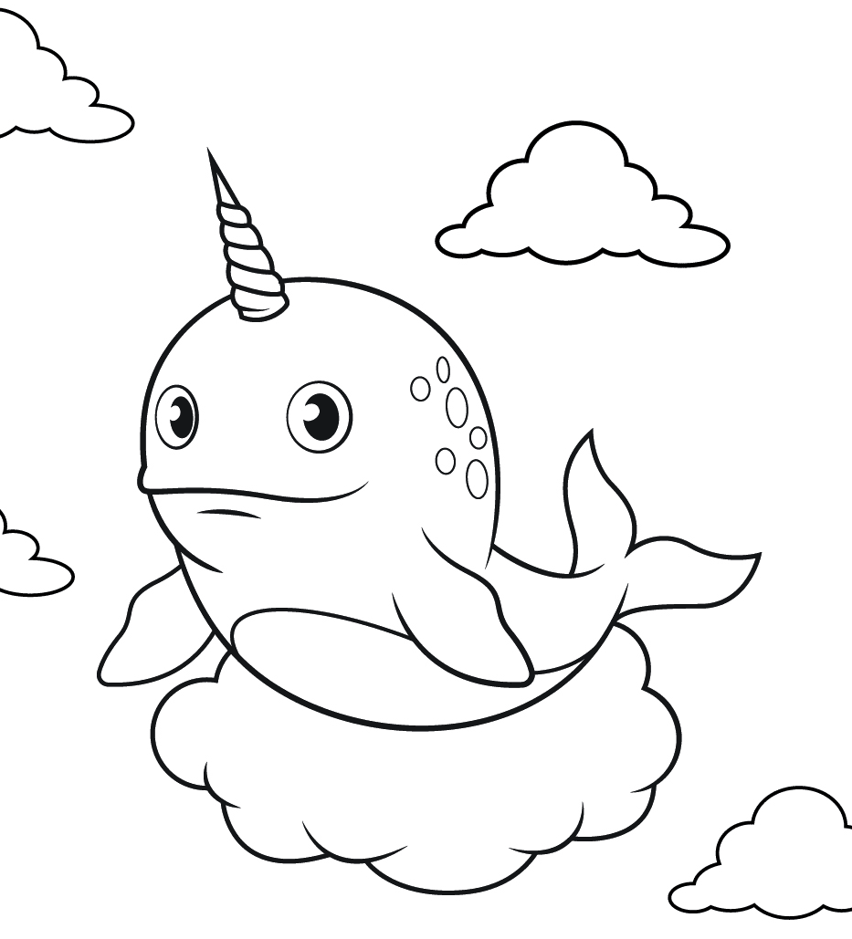 Narwhal in Clouds Coloring Page