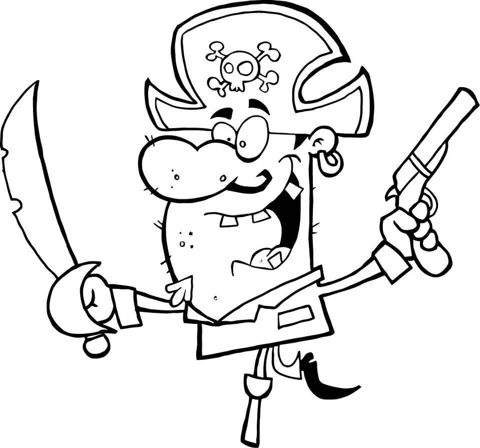 Pirata con espada y pistola en equilibrio sobre pata de palo de Pirata