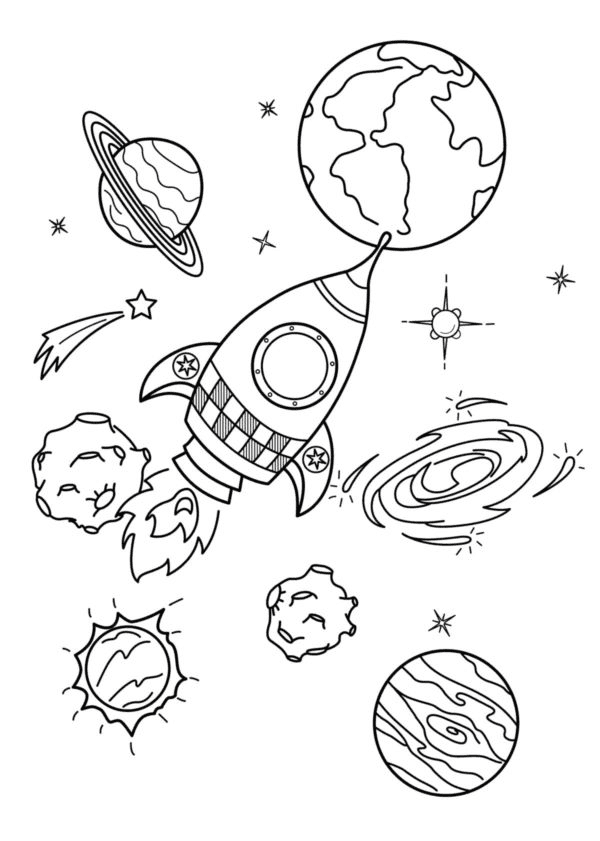 Planets and Rocket Coloring Page