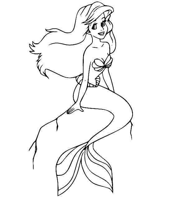 Princess Ariel Sits on the Rock Coloring Page