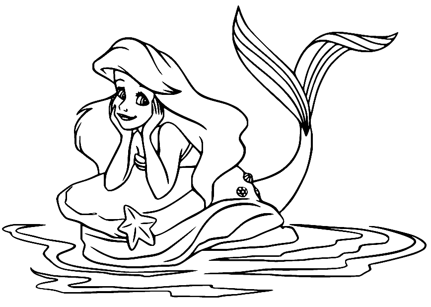 Princess Ariel on the Rock Thinking Coloring Page